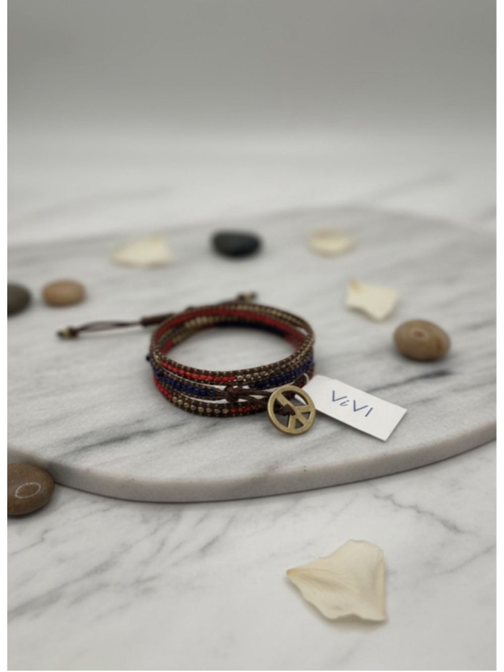 ViVI Wrap Bracelet Peace Sign Beaded Leather Adjustable Boho Bracelet New